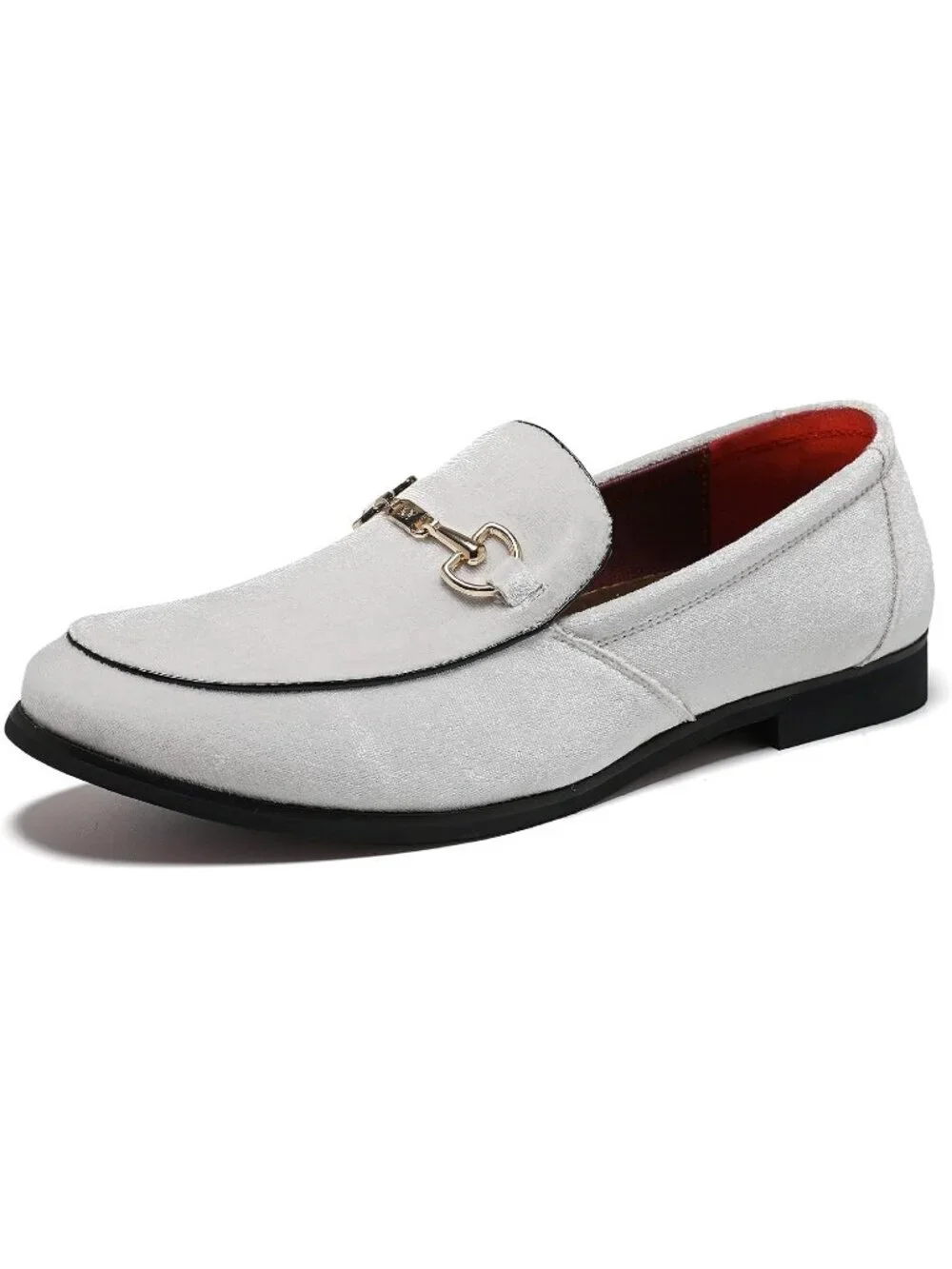 LCQL Men's White Leather Velvet Loafer Gold Buckle Slip On Comfortable Shoes